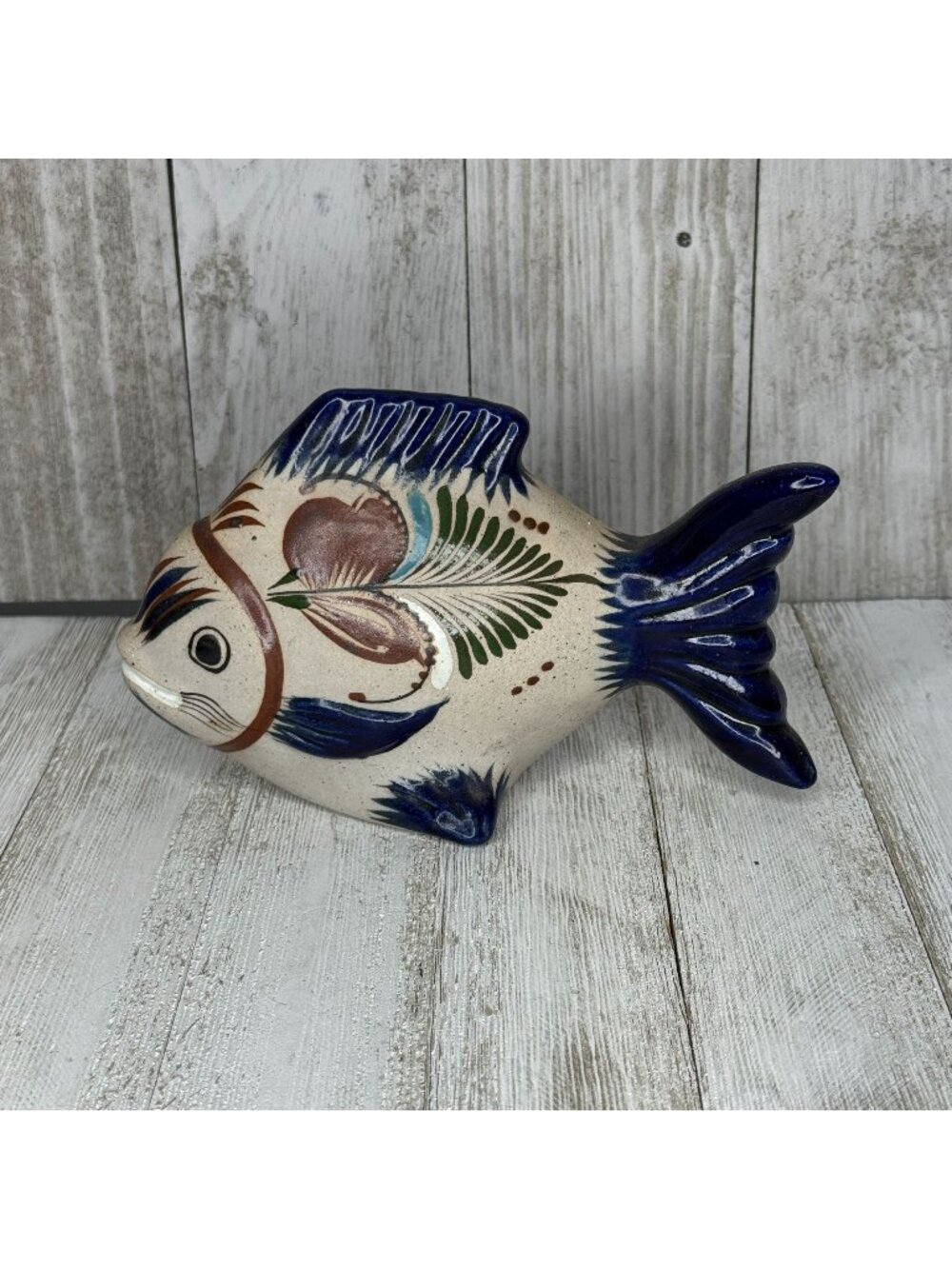Vintage Tonala Handpainted Mexican Folk Art Pottery Fish Figurine